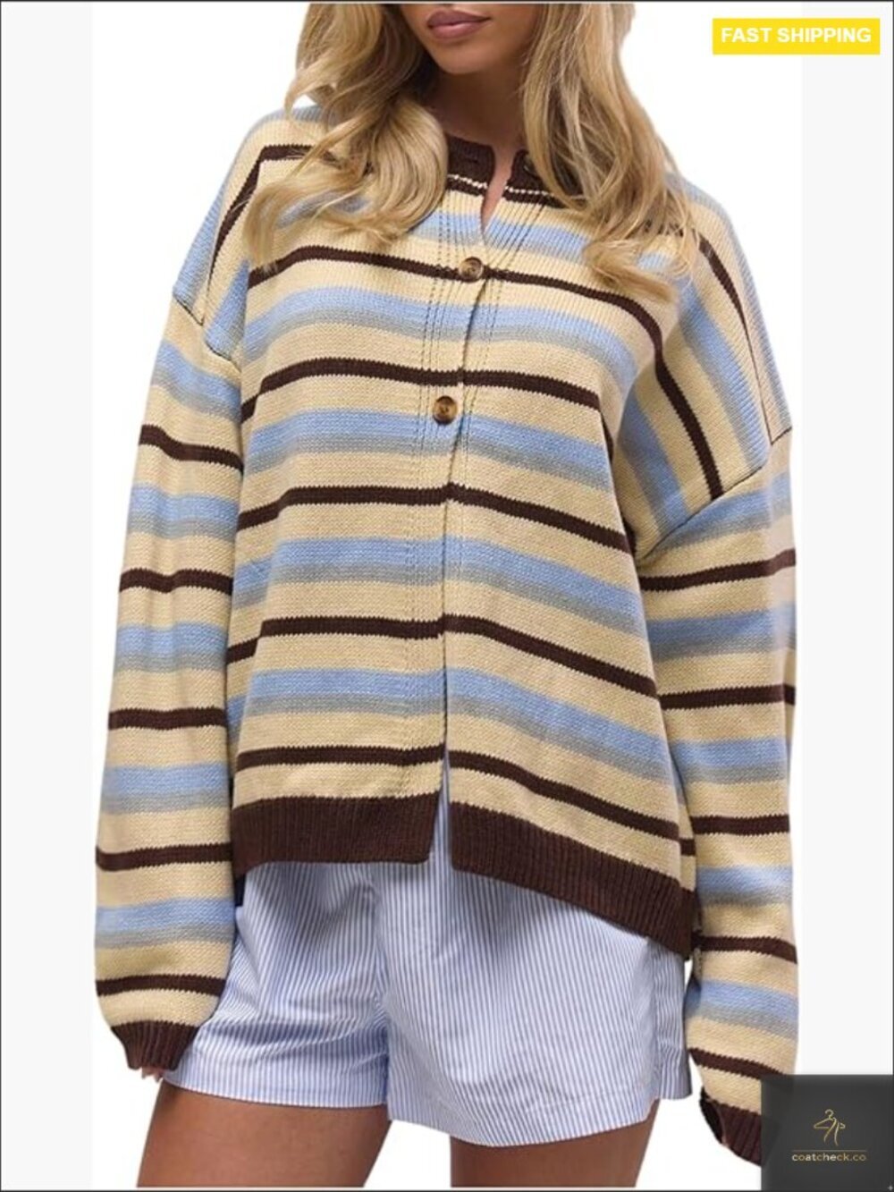 Striped Color Block Cardigan Sweater Oversized Long Sleeve Button Front Knitwear